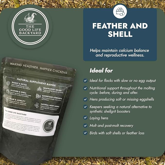 Good Life Backyard Feather and Shell for Chickens – Calcium and Protein Support Blend for Feathers and Eggshells (1 lb Pouch) | Hatching Time