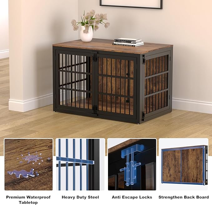 48" Heavy Duty Dog Crate Furniture, Wooden Dog Cage Kennel for Lrage and Extra Large Dogs, Dog Kennel Indoor with Side Door, Decorative Pet House End Table, Brown