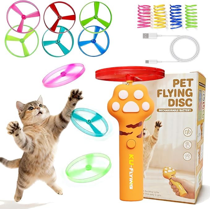 Cat & Small Dog Disc Launcher Toy, Rechargeable Flying Spinner Fetch Interactive Pet Toy with LED Lights, Adjustable Launch Control for Indoor Outdoor Play (Yellow)
