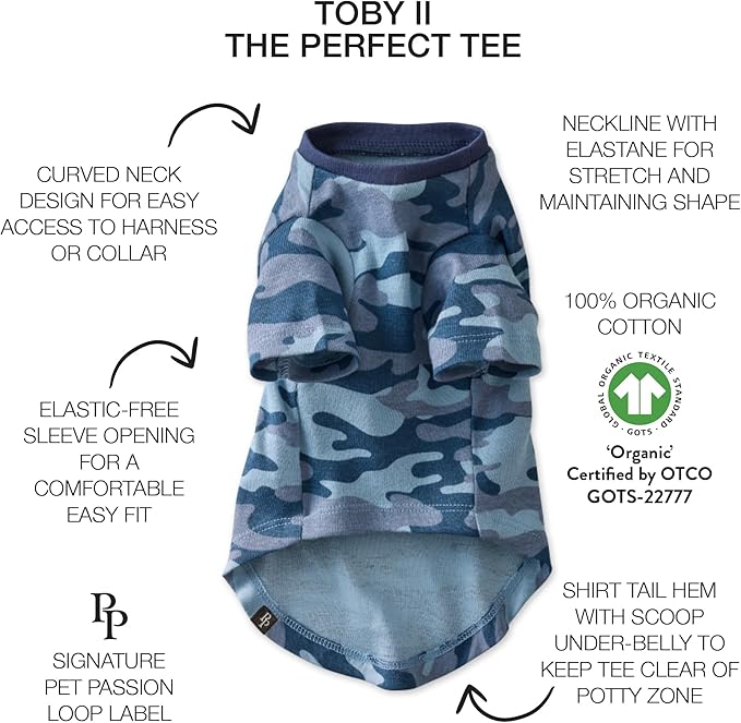 Pet Passion Toby II - The Perfect Tee, 3 Pack Short Sleeve Pet T-Shirt 100% Organic Cotton Tees Clothes for Small, Medium, Large Dogs, Navy Camo, XX-Small (4-7 lbs)
