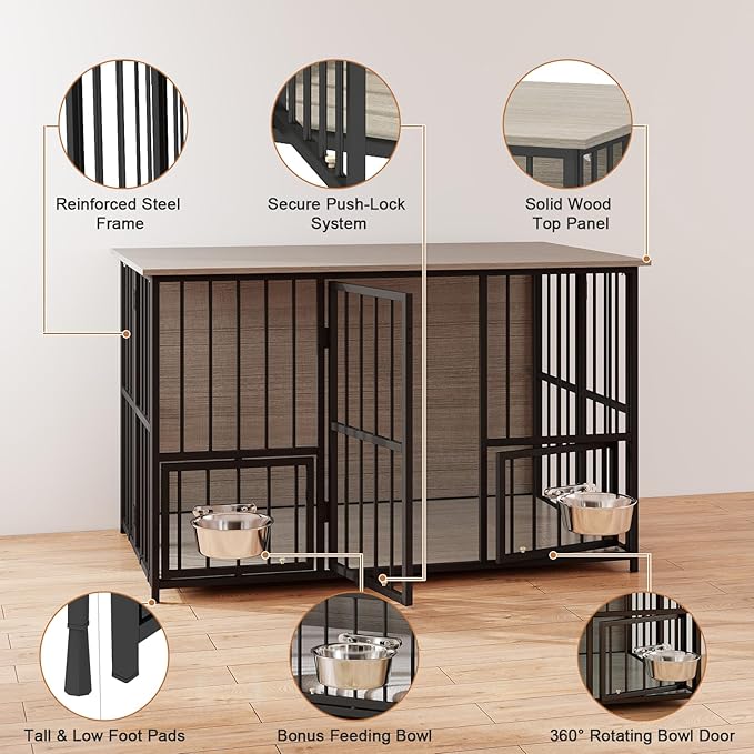 Hadulcet Foldable Dog Crate Furniture, 41'' No Assembly Indoor Dog Kennel with Storage Top, Wooden Dog Crate Table for Small to Medium Dogs, Furniture Style Dog Cage with 2 Bowls Gray