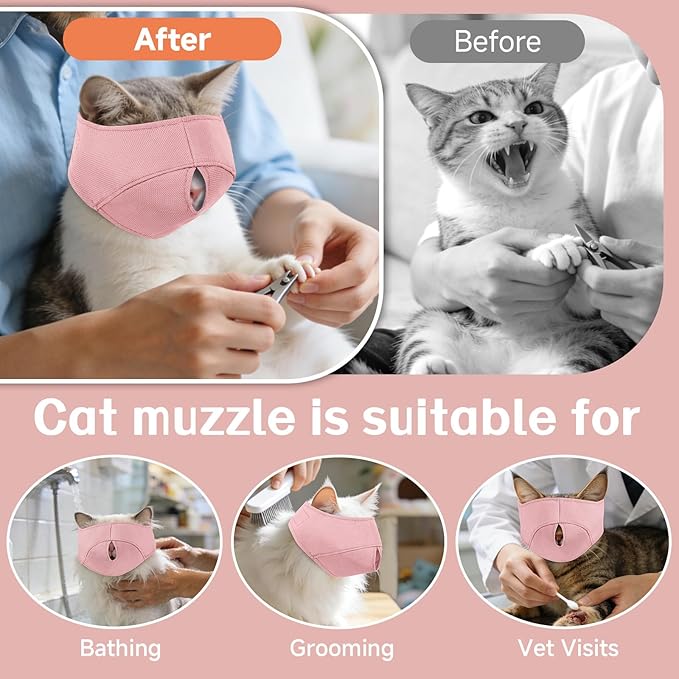 BARKLESS Cat Calming Muzzle for Grooming & Nail Trimming, Oxford Muzzle with Shading Design to Help Calm the Cat Down, Soft Head Cover to Prevent Biting & Scratching (Pink, S)