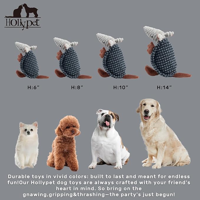Hollypet Plush Dog Squeaky Toy Stuffed Armadillo Animal Pet Puppy Chew Toys with Clean Teeth for Small Medium Large All Breed Sizes Dogs, Black and White,8 in