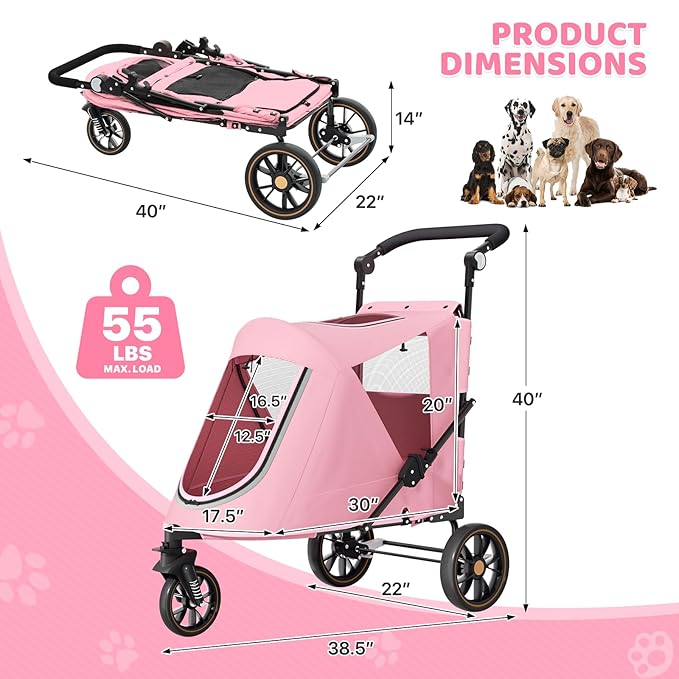 Magshion Pet Stroller for Medium Dogs w/Adjustable Handle, 3-Wheel Dog Cat Wagon w/Dual Entry, Rear Storage, Breathable Mesh, One-Foot Brake, Ideal for Large Pets up to 55 lbs, Pink