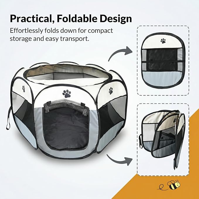 Bee Neat Indoor Pet Playpen 34 x 24 for Small Animals – Foldable, Breathable & Secure Exercise Pen for Rabbits, Guinea Pigs, Cats, Puppies & Small Dogs