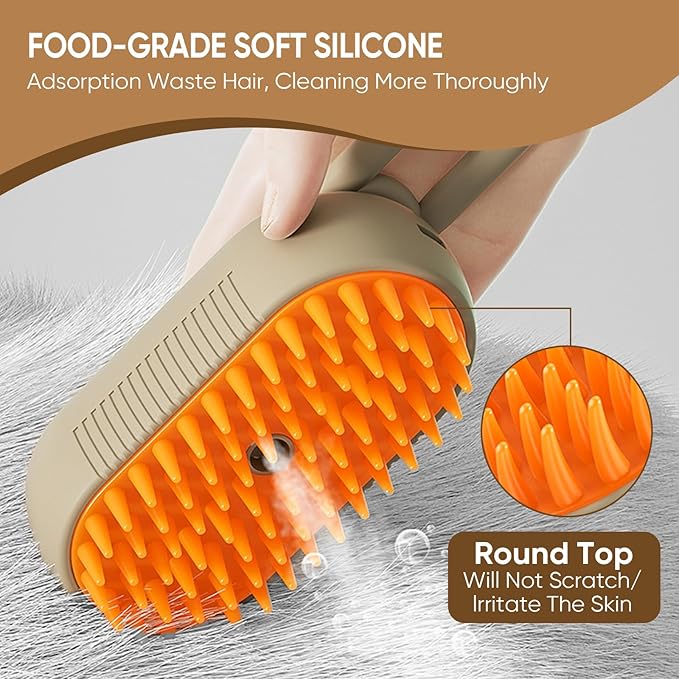 4-in-1 Cat Steam Brush for Shedding – Self-Cleaning Comb for Long and Short Hair Cats and Dogs, Steam Pet Brush for Hair Removal, Vibrating Message, Grooming & Relaxation (Khaki)