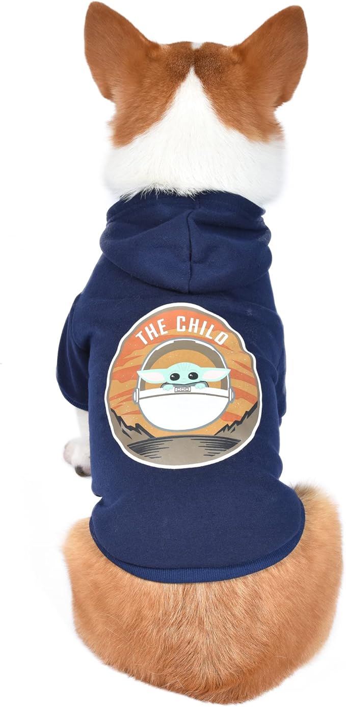Star Wars for Pets The Mandalorian The Child Grogu Dog Hoodie with Leash Attachment Hole - Pet Outerwear for Dogs - Officially Licensed Dog Apparel & Accessories, Navy, Size Small