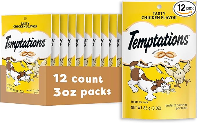 Temptations Cat Treats Classic Crunchy and Soft Cat Treats, Tasty Chicken Flavor, 3 oz. Pouch (Pack of 12)