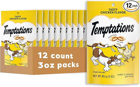 Temptations Cat Treats Classic Crunchy and Soft Cat Treats, Tasty Chicken Flavor, 3 oz. Pouch (Pack of 12)