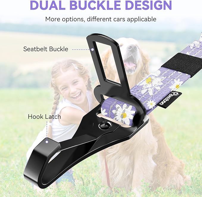 Pawaboo Dog Car Seat Belt– Reflective & Adjustable Dogs Cars Harness Leash with 360° Lockable Buckle, Shockproof Dogs Tether Bungee for Safe Travel, Light Purple