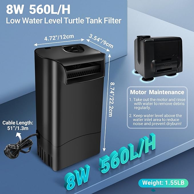 GOZILLA 8W 148GPH Turtle Tank Filter,Aquarium Filter for Low Water Level Tank,Adjustable Water Flow Turtle Filter for Turlte Tank, Fish Tank Filter for 10-30 GAL Aquarium Tank. (Black)