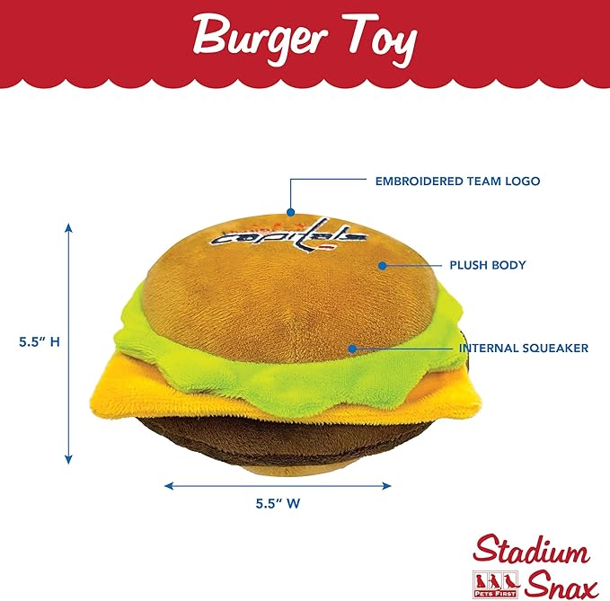 Pets First NHL Washington Capitals Crinkle Fine Plush Dog & Cat Squeak Toy - Cutest STADIUM HAMBURGER Plush Toy for Dogs & Cats with INNER SQUEAKER & Beautiful Hockey Team Name/Logo