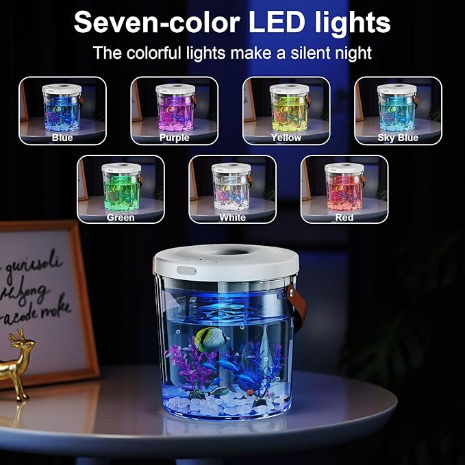 Oxygen-Injected Fish Tank, Small Fish Tank with 7 Color LED Light & Quiet Pump, Rechargeable Portable Mini Fish Tank with Lid, Travel Aquatic Pets Tank Starter Kit