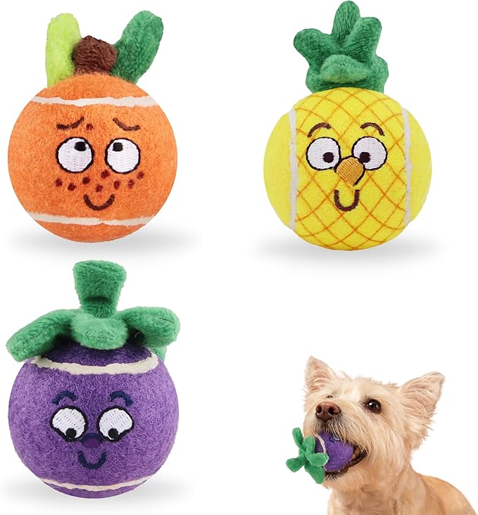 Gigwi Squeaky Tennis Balls for Dogs, Interactive Dog Balls with Colorful Fruit Plush Cover, Pet Bounce Toy 2.2" for Small Dog Indoor & Outdoor Fetch Play, 3-Pack