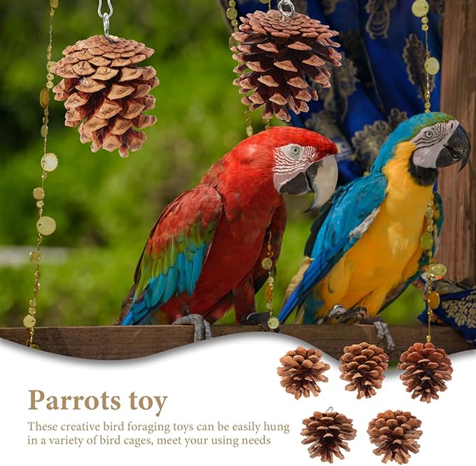 POPETPOP Hanging Parrot Chewing Toy Natural Pine Cone Bird Cage Toy for Foraging and Beak Exercise Durable Bite-Resistant Plaything for Parakeets Cockatiels Conures