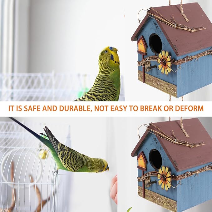 Kisangel Wooden Bird Parrot House Feeder Hanging Wild Bird House Outdoor Garden Blue Metal Edge Birdhouse for Backyard Birding and Wildlife Feeding