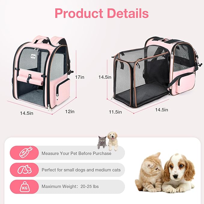 Large Cat Backpack Carrier Expandable Foldable Pet Carrier Backpack for Small Dogs Puppy Medium Cats Fit Up to 18 Lbs for Travel, Hiking,Pink XL Size