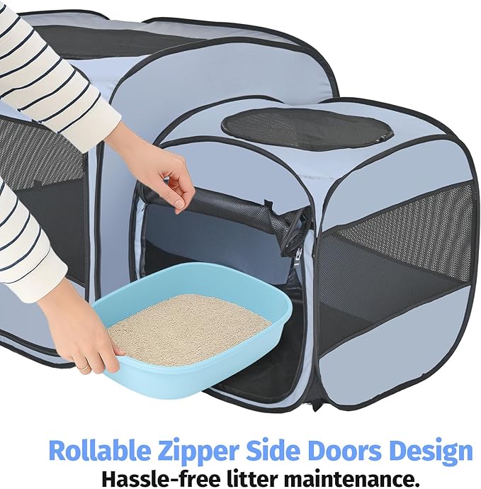 EighteenTek® 2-in-1 Portable Cat Playpen(Front Doors), Pop up Kitten Playpen, Assembly-Free, Pet Tent Crates Kennel Cage Enclosure for Dog Puppy Indoor Outdoor(No Divider, Unified Space)
