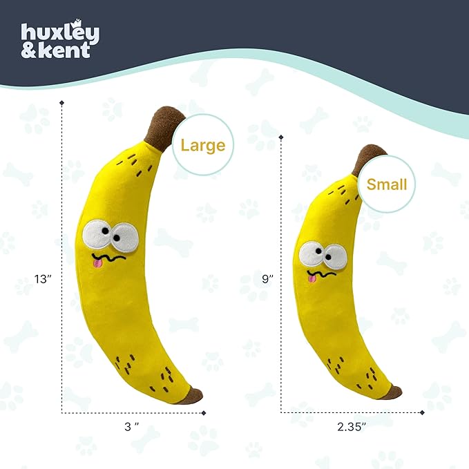 Huxley & Kent Funny Dog Toy w/Squeaker – Power Plush Squeaky Dog Toys for Small, Medium & Large Dogs – Soft Stuffed Animal for Indoor Play & Fetch - Fetchies® Bruiser Banana, Small