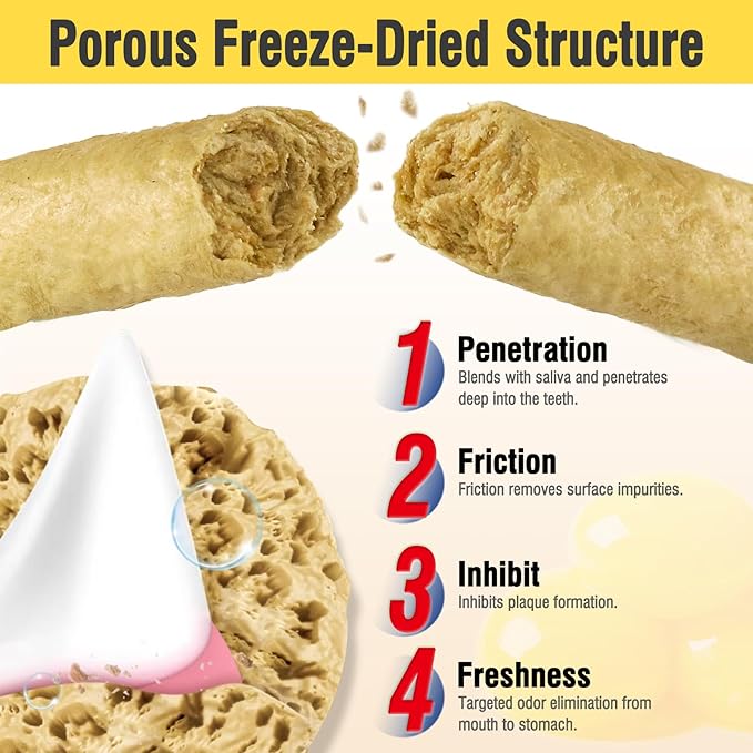 30g Freezed Dried Cat Chew Stick Egg Yolk Flavor, Cat Dental Treats for Freshens Breath and Reduce Tartar, Feline Teething Sticks Cats Treats Snack