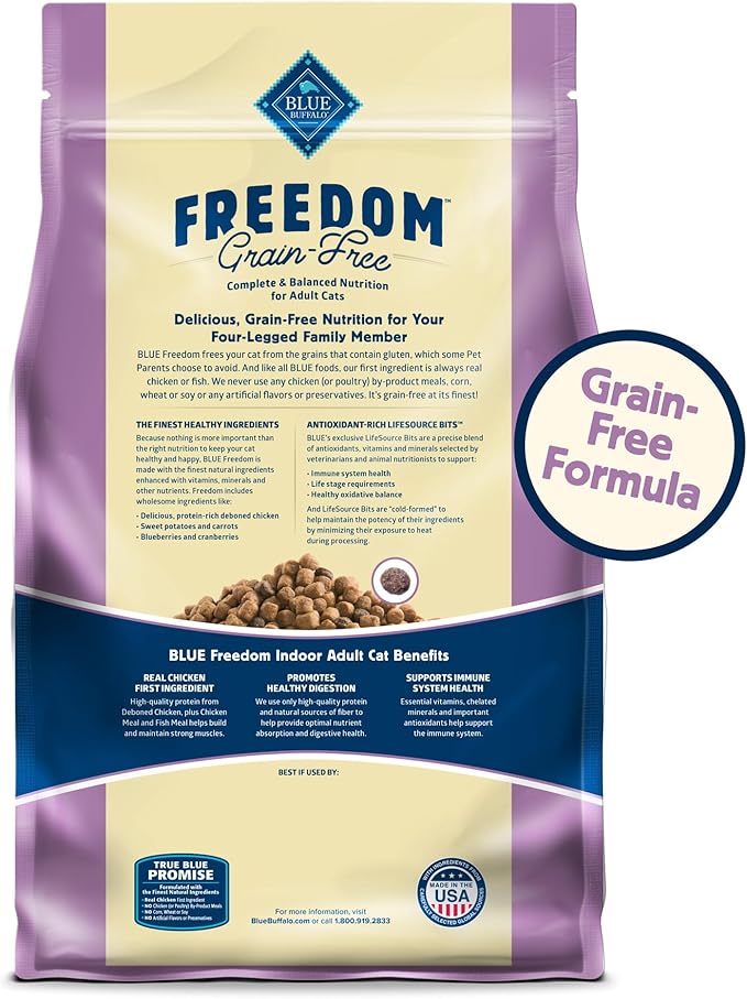 Blue Buffalo Freedom Grain-Free Adult Dry Cat Food, Complete & Balanced Nutrition for Indoor Cats, Made with Natural Ingredients, Chicken Recipe, 11-lb. Bag