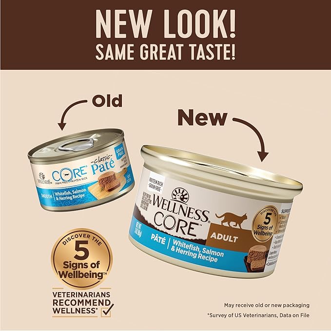 Wellness CORE Pate Adult Canned Wet Cat Food, Natural, Protein Rich, Grain Free, Whitefish, Salmon, and Herring Recipe, 3 oz, Pack of 12 Cans