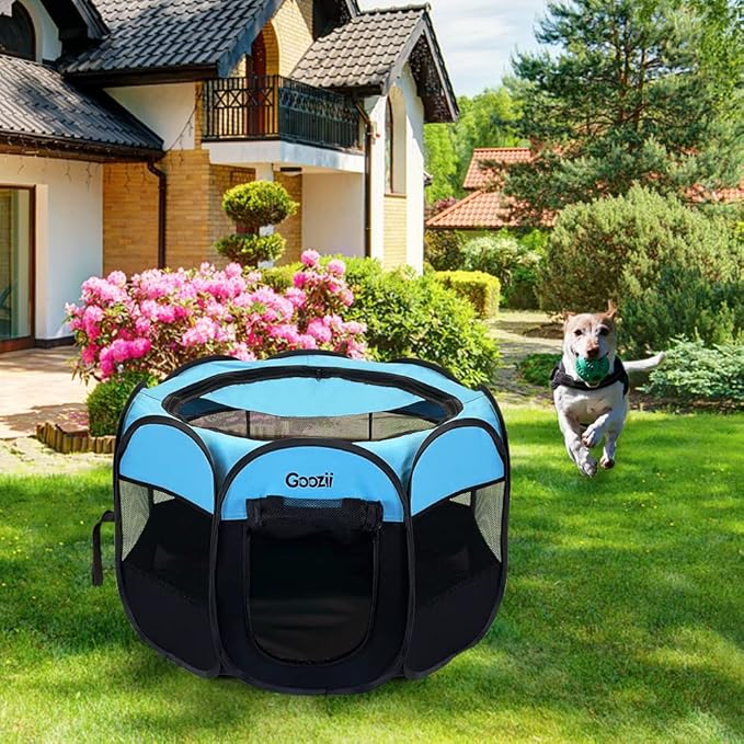 GOOZII Portable Dog Playpen Indoor Outdoor, Collapsible Pet Dog Playpen with Zipper Top Cover, Cat Puppy Bunny Kitten Exercise Play Pen Tent for Beach RV Car (Medium Size,Black Blue)