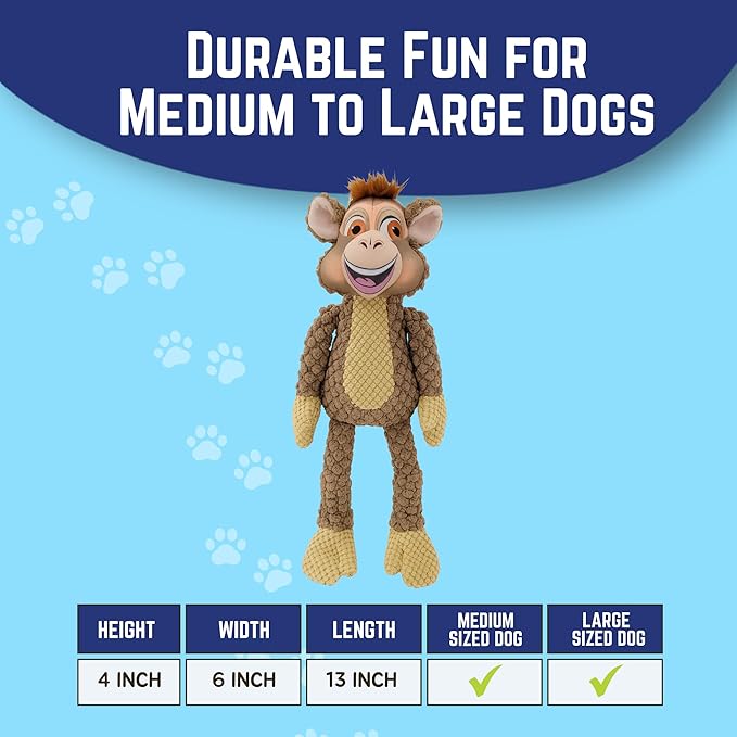 Happy Tails Monkey Dog Toy - Medium to Large Dogs, Durable Polyester, Squeaky, Reinforced Stitching, Interactive Play and Chewing