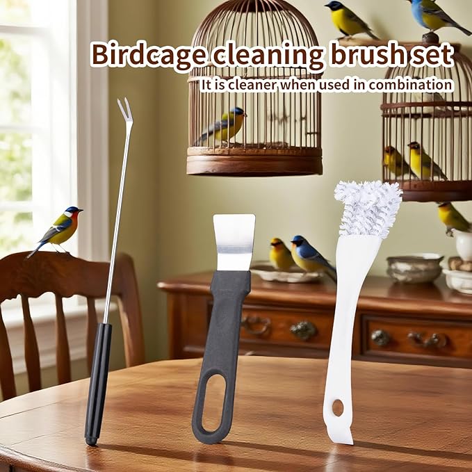 Bird Cage Cleaner Brush Kit, Bird Cage Cleaning Brush Tool Set, Bird Cage Cleaning Brush with Long Handle, Bird Cage Accessories,Poop Remover for Cleaning Poop in Pet Cages,Parrot Cages & Bird Perches