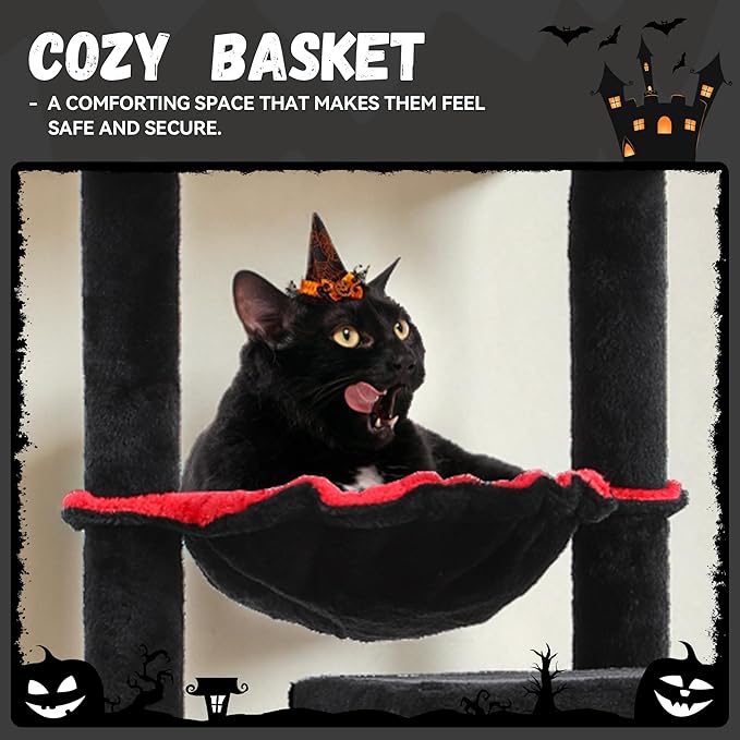 DWVO Gothic Halloween Cat Tree: 60in Tall Tower with Coffin Bed, Top Perch, Spacious Condos, Spider Playthings, Comfy Basket & Scratching Ladder for Indoor Large Cats Kittens, Black & Red