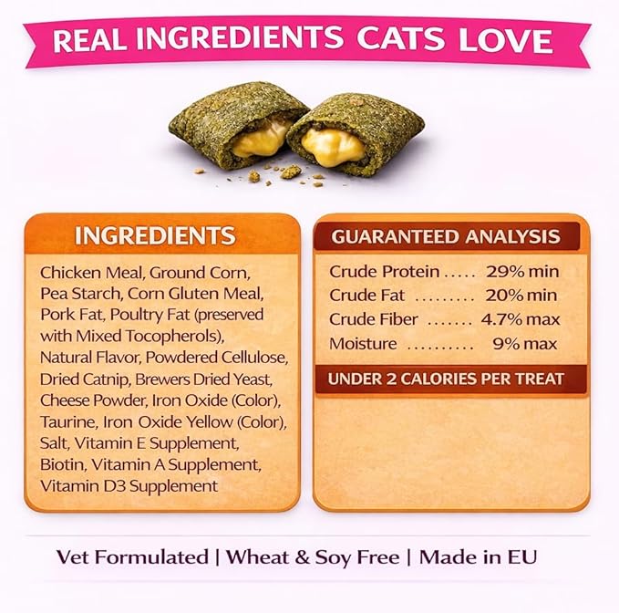 Calming Cat Treats for Indoor Cats – Crunchy Pillow Bites Gooey Center – Catnip Chicken Cheddar Low Calorie Kitty Treats – Cat Snacks Food Topper Wheat Soy Free Healthy Dental – 9oz Resealable