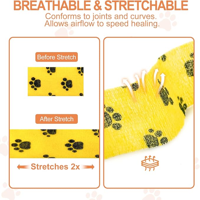 6 Rolls Vet Wrap Cohesive Bandage, Self Adhesive Non-Woven Pet First Aid Tape for Dogs, Cats, Horses, Wound Care, Sticks Only to Itself, Safe & Comfortable, 2 Inch x 5 Yards