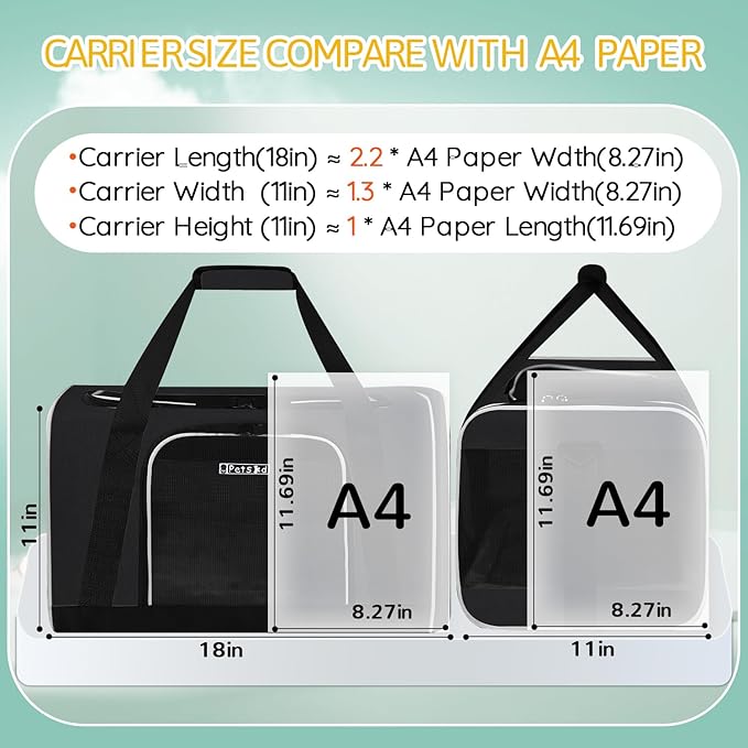 Petskd Pet Carrier 18x11x11 Delta American United Airline Approved, Pet Travel Carrier Bag for Small Cats and Dogs, Cat Soft Sided Carrier with Safety Lock Zippers, 5-Sided Breathable Mesh(Black)