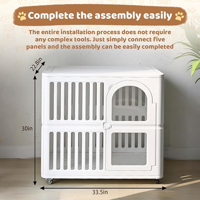 Plastic Dog Crate with Wheels, Single Door Indoor Outdoor Dog Kennel with Clear Acrylic Window, Ventilated, Easy Clean & Easy Assemble Pet Cage for Small/Medium Dogs