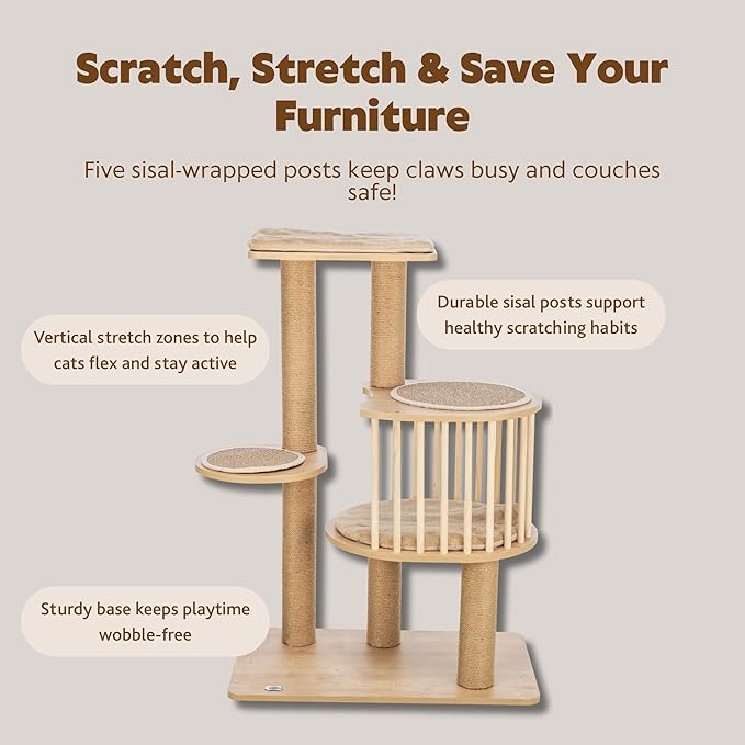 Trixie Aspen 37" Cat Tree - Modern Multi-Level Tower with Condo, Platforms, Cushions & Sisal Scratching Posts – Tall Indoor Cat Furniture with Perches, Scratchers, Cushion & Easy-Clean Surfaces