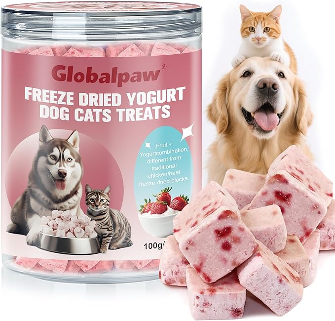 Freeze Dried Yogurt Dog Cats Treats Crunchy Snacks with Strawberry100g (3.52oz), High Protein Yogurts Snacks Pets Food for Cats Dogs Training (Blueberry Yogurt 3pcs)