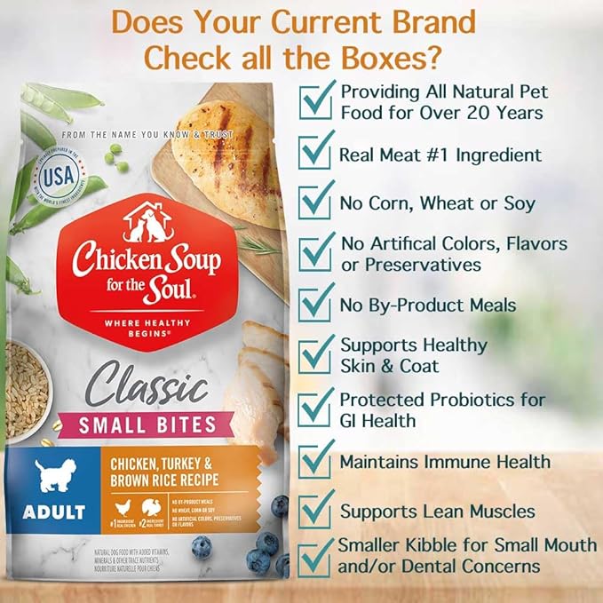 Chicken Soup for the Soul All Natural Premium Small Bites Adult Dry Dog Food, Real Meat First Ingredient, No By-Products, Supports Gut & Immune Health, Chicken, Turkey & Brown Rice, 4.5lb