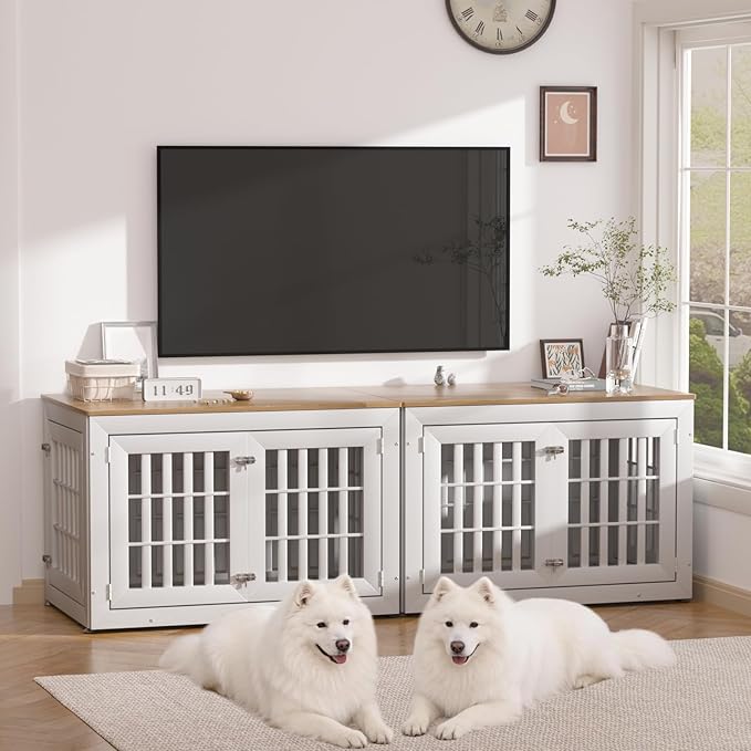 Snuowu 42" Heavy-Duty Dog Crate Furniture for Large/Medium Dogs, XL Wooden Dog Cage Kennel Indoor Furniture, Decorative Pet House End Table,White & Wood