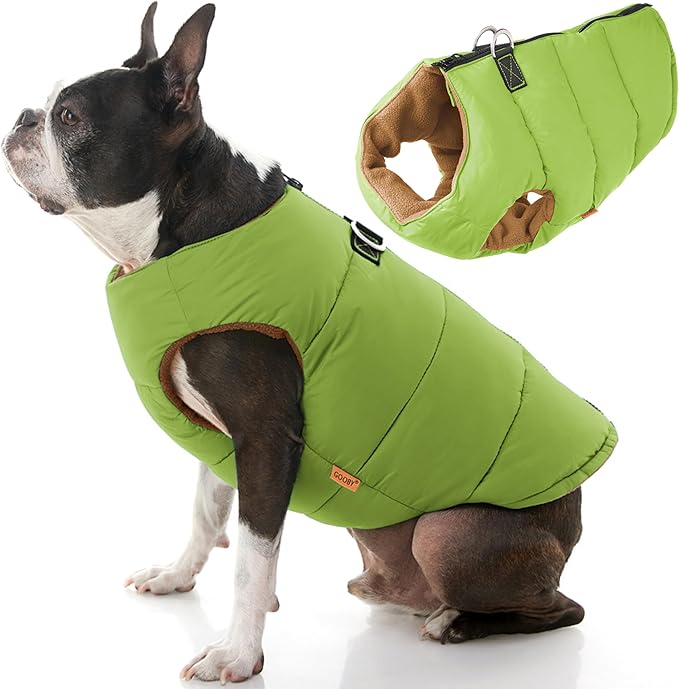 Gooby Padded Vest Dog Jacket - Solid Green, Medium - Warm Zip Up Vest Fleece Jacket with Dual D Ring Leash Water Resistant for Small to Medium Dogs