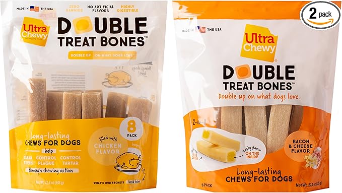 Ultra Chewy Double Treat Bones: Long-Lasting Treats Made in USA for Large and Small Breeds, Highly Digestible, for Aggressive Chewers (Bacon Cheese and Chicken Flavor, 2 Packs)