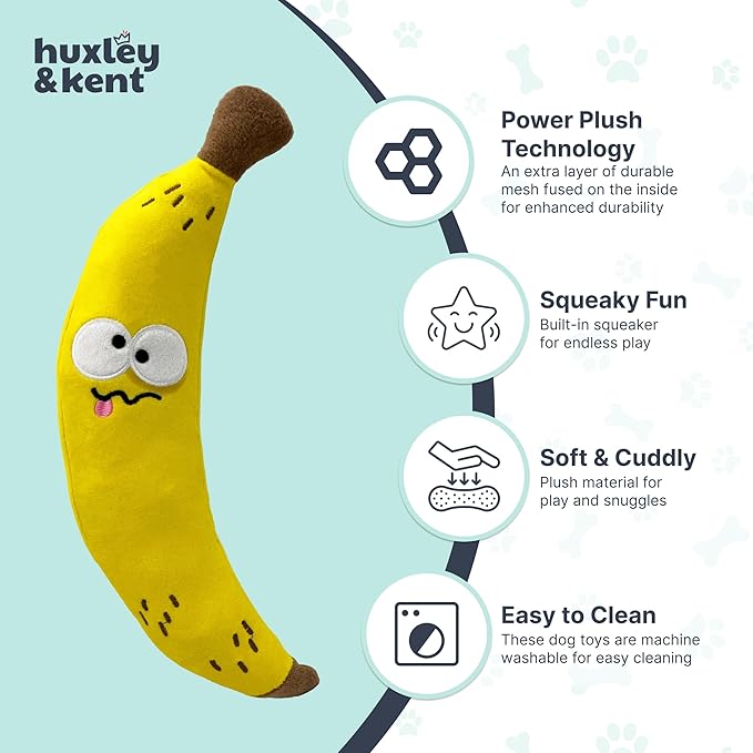 Huxley & Kent Funny Dog Toy w/Squeaker – Power Plush Squeaky Dog Toys for Small, Medium & Large Dogs – Soft Stuffed Animal for Indoor Play & Fetch - Fetchies® Bruiser Banana, Small