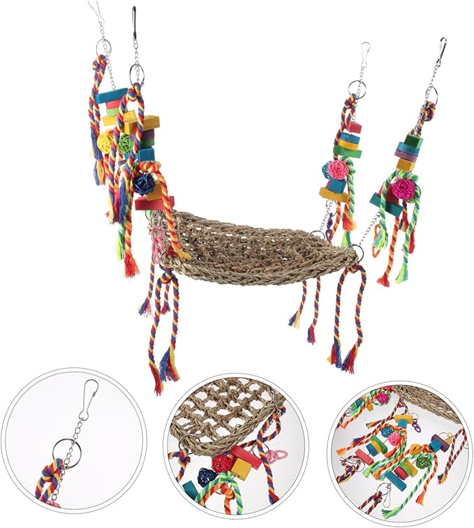 HANABASS Decorative Bird Hammock for Parrots Chinchillas and Hamsters Chew Toy with Natural Grass Net Design for Climbing and Swinging Bird Cages