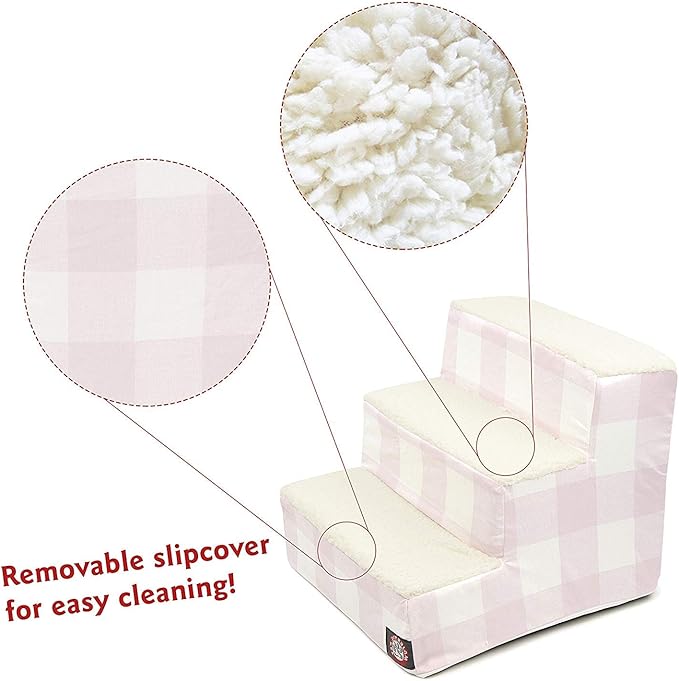 Majestic Pet 3 Step Portable Dog Stairs for Small Dogs to Get on Bed Supports 250 lbs or Less – Dog Steps for High Bed with Machine Washable Cover –Pet Stairs for Cats Anderson Check Soft Blush