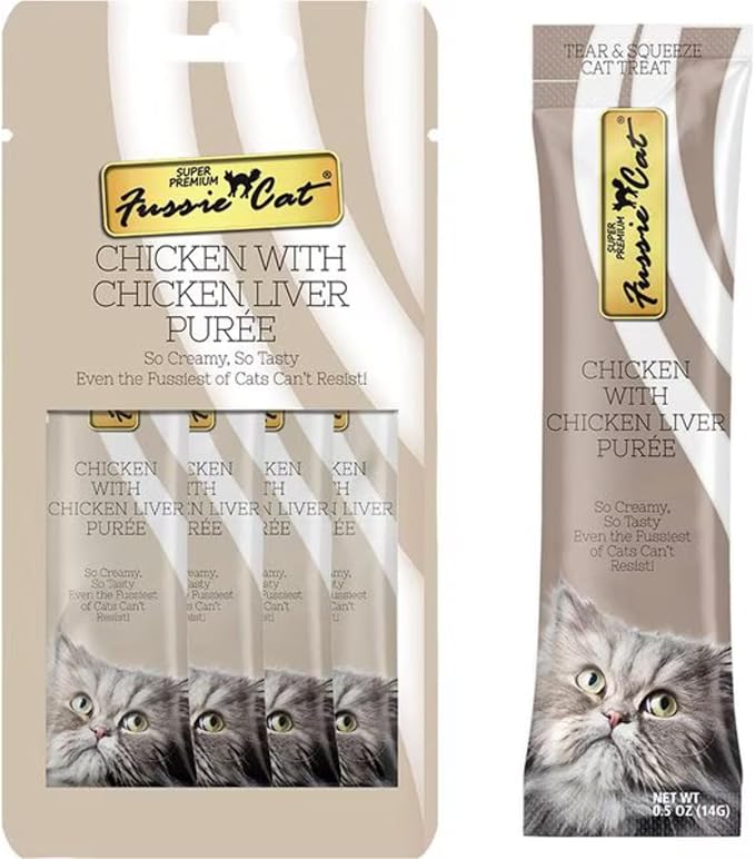 Fussie Cat Premium Puree Lickable Cat Treats in Chicken Puree, 4 Flavors, 4 Packs of 4-0.5oz Tubes (16 Total Tubes) +Spoon