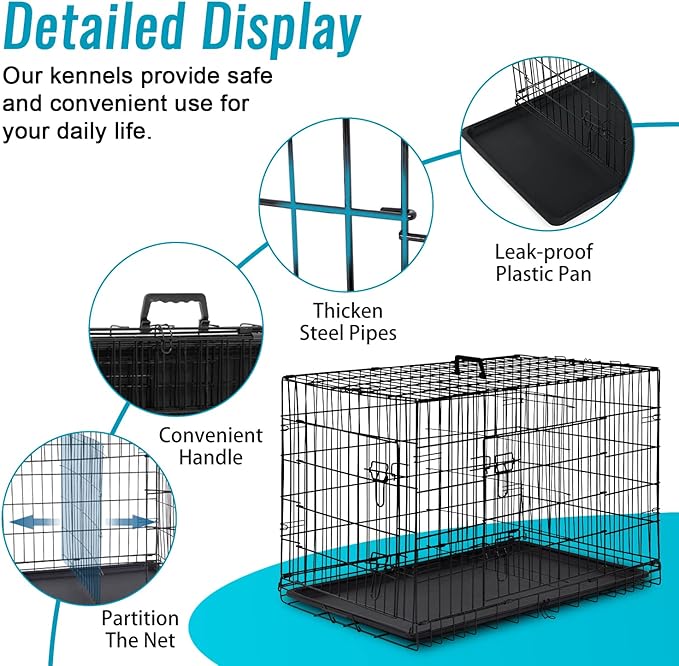 FDW 24-Inch Dog Crate for Small Dogs, Double Door Folding Metal Wire Pet Kennel with Divider Panel & Leak-Proof Plastic Tray, Black
