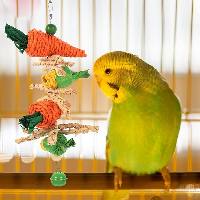 Toddmomy 2Pcs Hanging Cockatiel Chewing Natural Vine Balls with Carrot Rope for Parakeets and Small Birds Cage Accessories