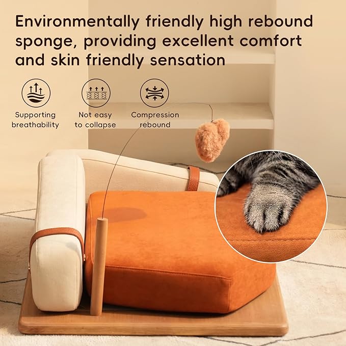 GDFStudio 27.6" Wooden Pet Bed for Cats and Dogs, Oak Veneer Frame with Washable Cushion, Scratch-Resistant Fabric, Elevated Pet Sofa Bed with Hanging Toy and Non-Slip Feet for Medium to Large Pets