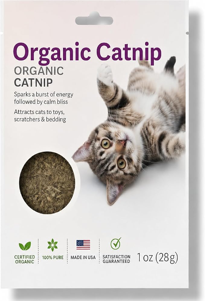 Organic Catnip for Cats USDA Certified Dried Herb Made in USA - 1 oz Pouch Premium Natural Cat Treats Strong Fresh Loose Leaf Catnip Herbs Resealable Bag Best Single Ingredient Cat Nip Buds Bulk
