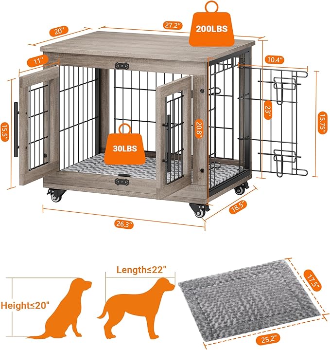 YaFiti Dog Crate Furniture with Cushion Set of 2, Wooden Dog Kennel Indoor with Double Doors, Dog Cage with Wheels, Dog House Side End Table for Small Dogs up to 30 lb, 27.2" L, Grey
