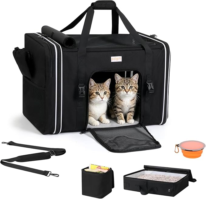 pidipiti 24 x 17 x17 Extra-Large Soft-Sided pet Carrier for 2 Cats / 1 Large cat, car Travel Kennel for Medium Dog,Long Distance Road Trip Transport cage with Litter Box.